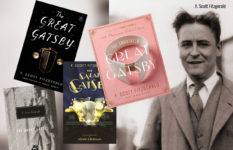 Covers of three editions of the Great Gatsby and a portrait of F Scott Fitzgerald.