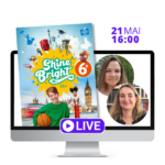 A computer screen with photos of the two authors and the cover of Shine Bright 6e.