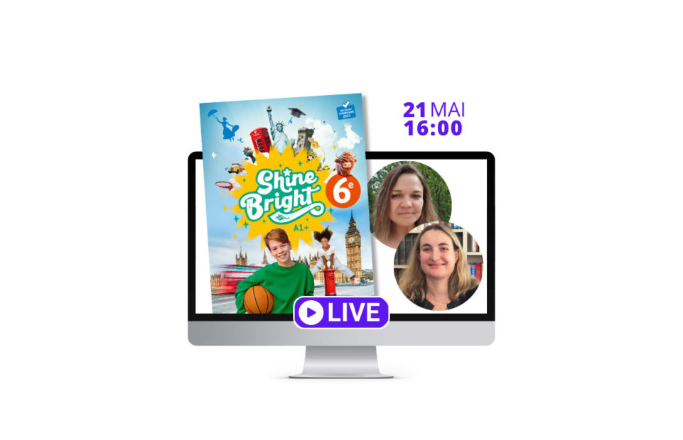 A screen with the cover of Shine Bright 6e and the photos of the two authors presenting the webinar