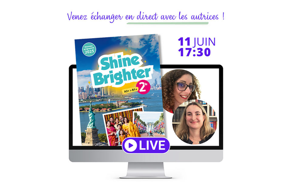 A screen with the cover of Shine Brighter 2e and the photos of the two authors presenting the webinar