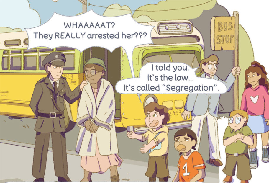 A frame from the comic strip where the pupils witness Rosa Parks being arrested.