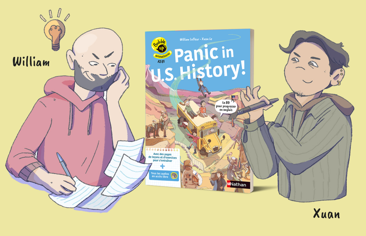 Cartoons of the author and the illustrator on either side of the cover of Panic in U.S. History