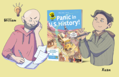 Cartoons of the author and the illustrator on either side of the cover of Panic in U.S. History