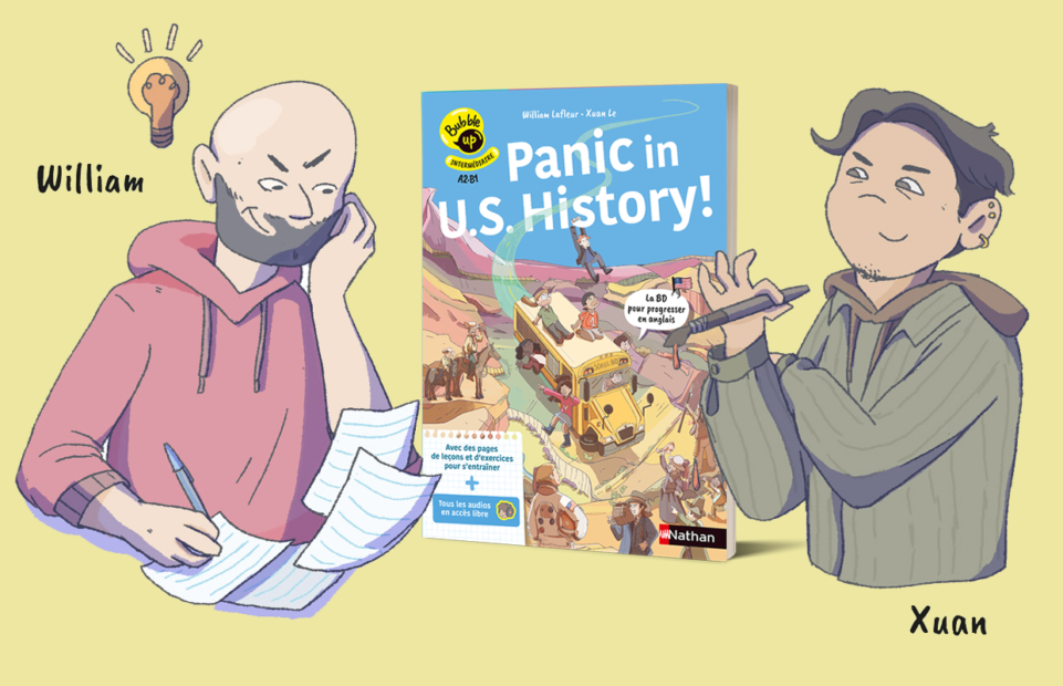 Cartoons of the author and the illustrator on either side of the cover of Panic in U.S. History