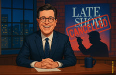 An illustration of Stephen Colbert doing a monologue to camera from his desk. Behind him the Late Show logo is stamped: Cancelled.