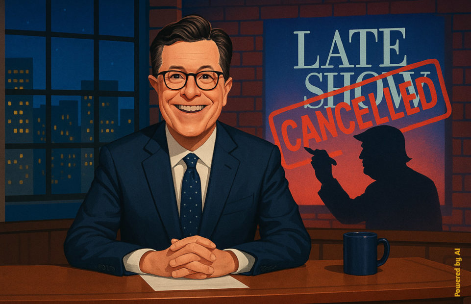 An illustration of Stephen Colbert doing a monologue to camera from his desk. Behind him the Late Show logo is stamped: Cancelled.