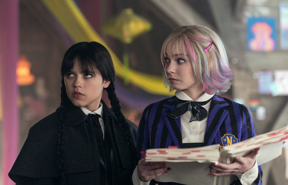 Wednesday Addams (Jenna Ortega) and roommate Enid (Emma Myers).