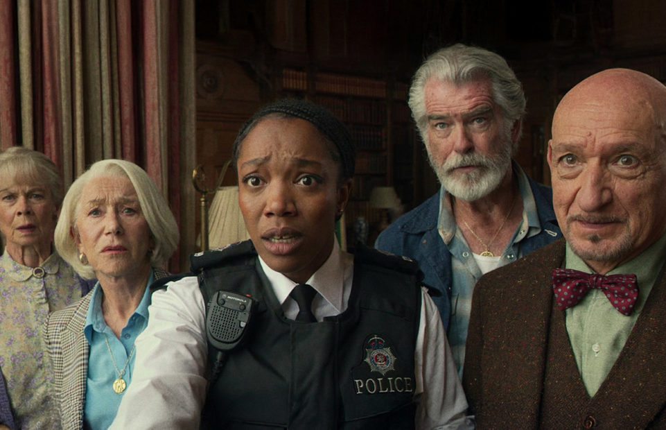 Celia Imrie, Helen Mirren, Naomi Ackie, Pierce Brosnan and Sir Ben Kingsley in "The Thursday Murder Club".